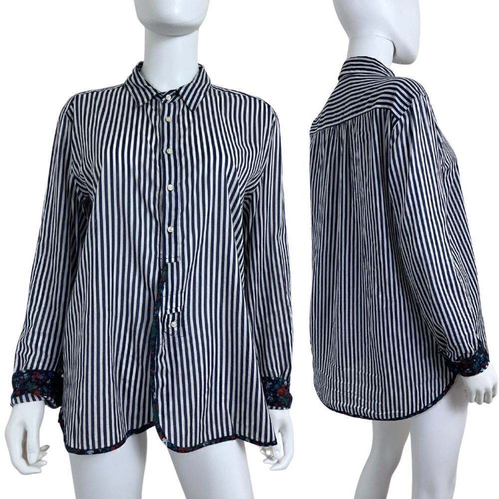 Holding Horses Women's Size M Button Stripped Floral Cotton Blouse Top Nautical - Picture 1 of 15